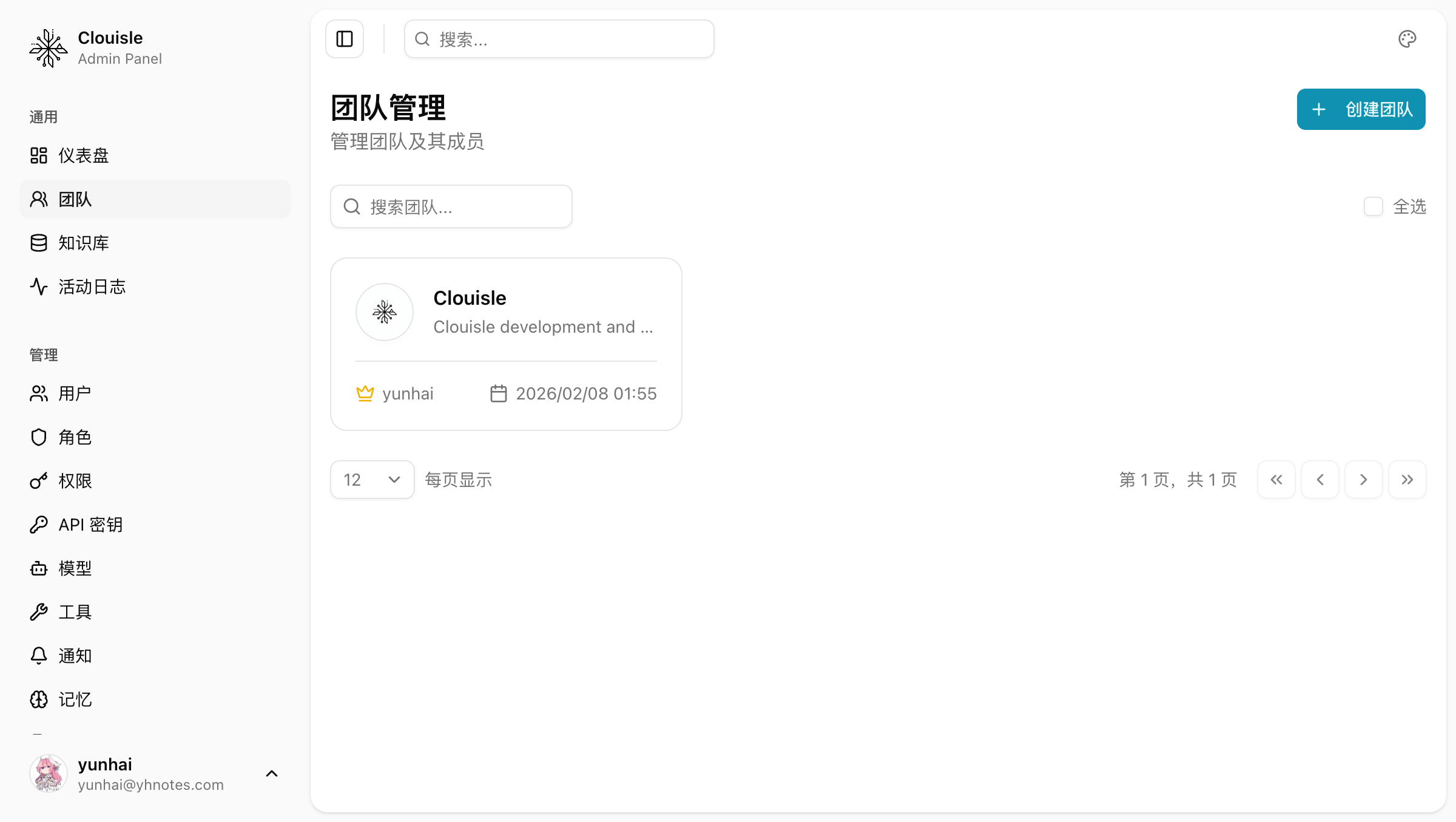 后台团队管理页